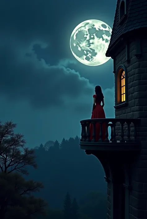 A woman in a beautiful dress is watching the moon from the balcony of a gothic castle in the middle of the night