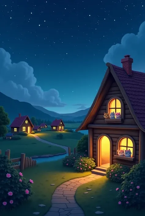 The village and cozy house setting:
“A small village surrounded by rolling hills under a starry night sky, featuring a cozy wooden house with warm lights glowing from the windows. Three curious kittens are peeking out from one of the windows. The atmospher...