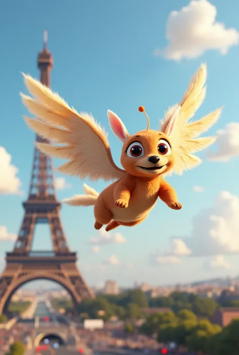 Budi de Toystori winged by the Eifel Tower .Realistic 3D 