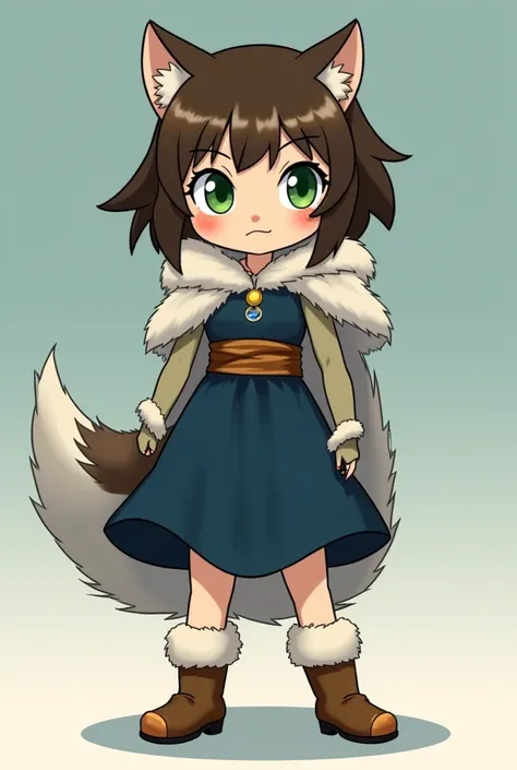  A girl with green eyes , PIEL BLANCA, medium dark navy blue dress ,  tucked up and with a furry belt in the middle,  can also be seen with a wolfs skin on his shoulders that has a hood ,  some boots with white fur but the tip without hair and brown,  her ...