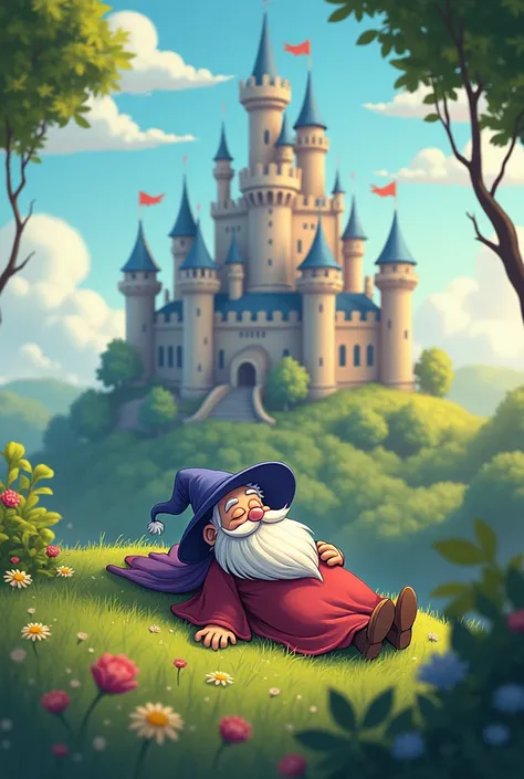 A wizard in front of a castle sleeping cartoon 