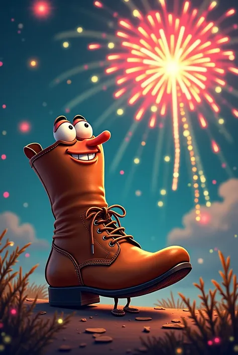 Shoe character admiring a fireworks display