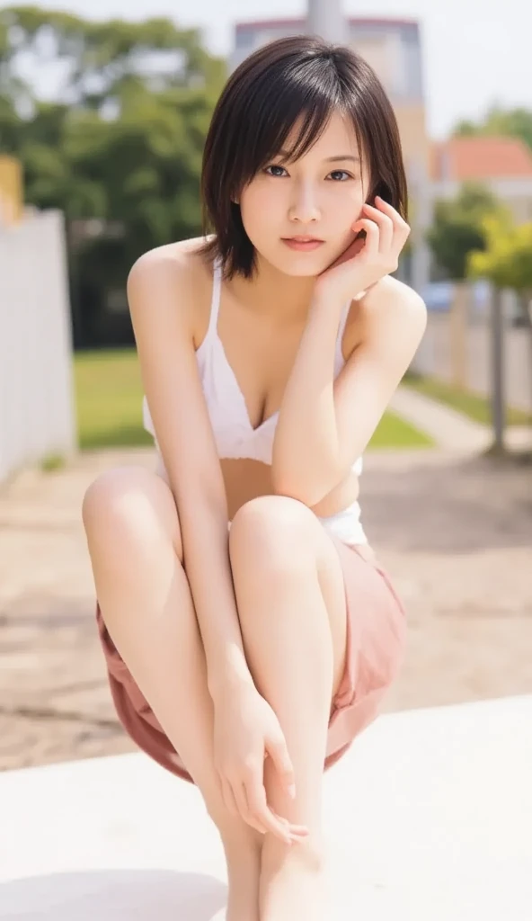 Correct structure as a human 、 correct structure as a woman、 Full Body Shot from the Front 、Please be completely naked and wear a cute bikini swimsuit, And she has breasts sticking out of that swimsuit、 Bend your knees and take a cross-legged pose,  and si...