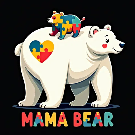 black background,realistic,playful t-shirt design featuring a silhouette of a large white bear(with a small heart shape covered with colorful puzzle pieces autism awareness in its body)and add a smaller cub on its back.The cub covered vibrant puzzle-piece ...