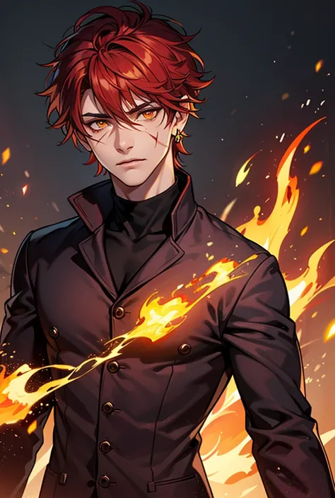 Potrait of a boy, handsome man, dark brown hair with red tips, spiky hair, medium hair, messy bangs, orange fiery eyes, sharp eyes, danfeng eyes, tanned skin, big scar to the side of his face by to his eye, black turtle neck suit, wears a jacket, exquisite...