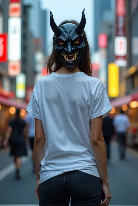 A full-body shot of a female model viewed from the back, wearing a plain white t-shirt that is loosely untucked from her trousers. The t-shirt is oversized, flowing slightly behind her. She is wearing an Oni mask, with sharp horns and a fierce expression. ...