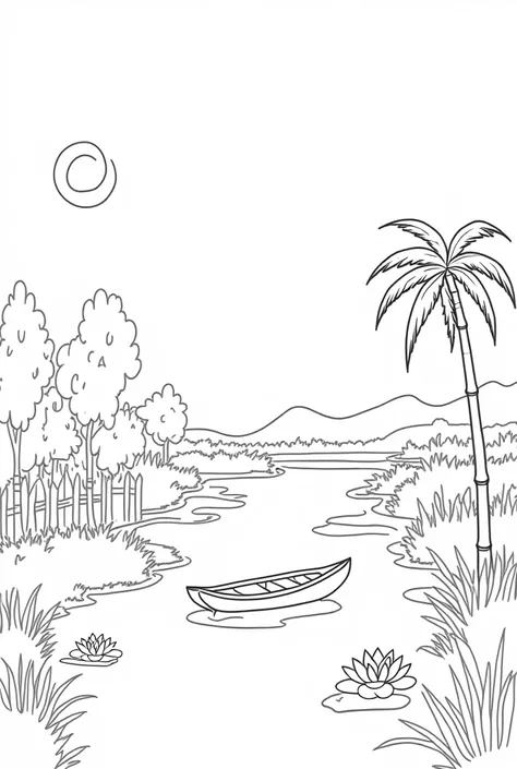 COLORING page styled look like hand drawn beautiful summer season, like village scenery with Bangladeshi feature ,simple , including : small  home adjusted coconut tree with clear leaf , 1 sun  ,fence with aster flower garden , river with boat and water li...