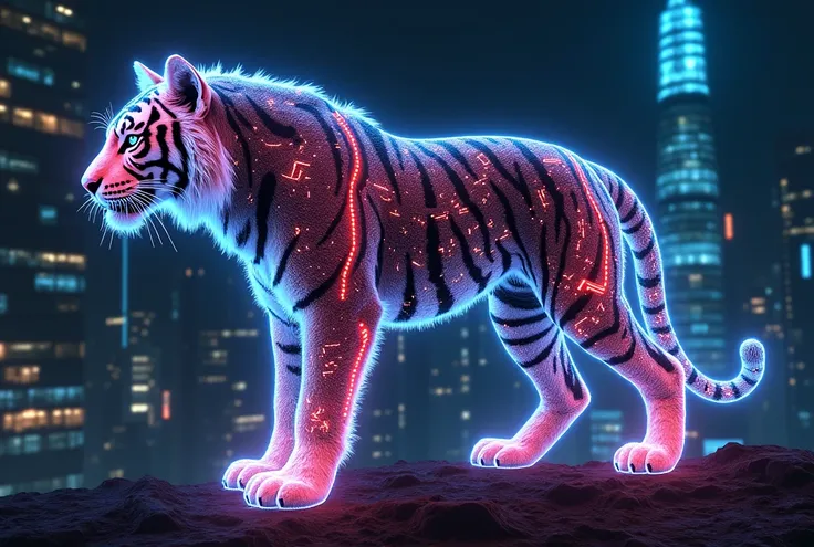 Imagine animals like tigers, wolves, or birds depicted in a cyberpunk style, glowing in neon colors against a dark cityscape. The animals are partially robotic, with elements of circuitry or light trails integrated into their bodies, combining the raw beau...