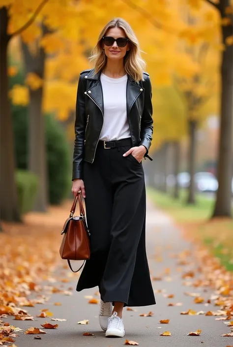 "A woman walking through an autumn park, dressed in a casual white t-shirt, a black leather jacket, a long, flared skirt, and stylish sneakers. She’s holding a leather handbag, and her relaxed expression adds to the effortless cool of the outfit. The vibra...