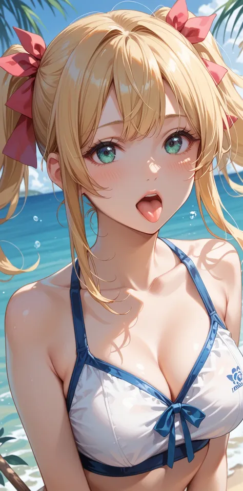  エロ、swimsuit、 gravure idol who sleeps on her back、one girl in gravure, chest,  blush,  shortcuts,  open your mouth,  twin tails,  stick out your tongue,  high res, masterpiece, Blonde, chest, 