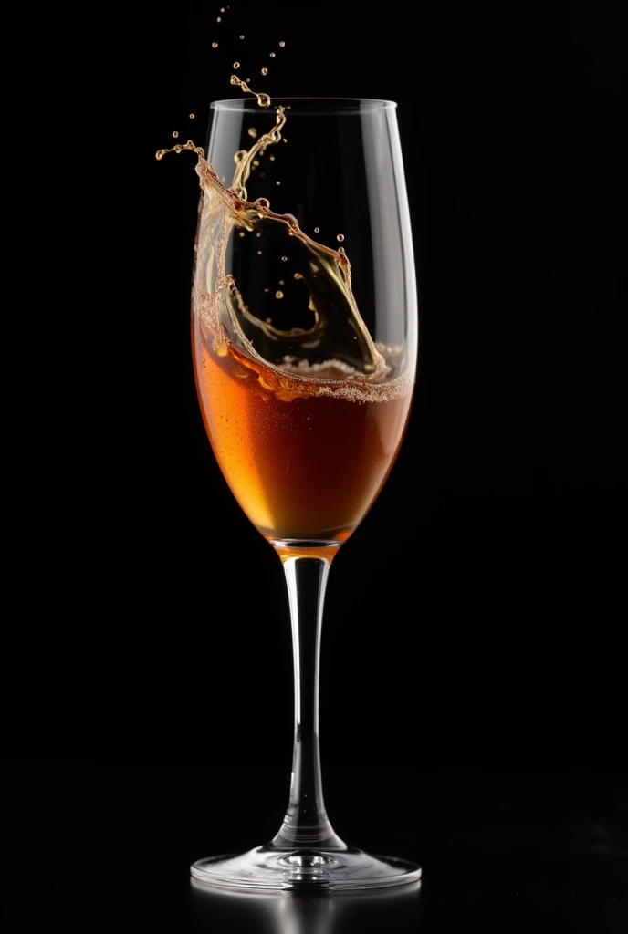 champagne glass at 45 degrees with whiskey splashing in a plain black background 