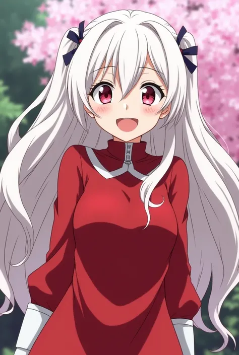  Screenshot of My hero Academia ,  A girl with long white hair with her hair tied back with blossoming red tips, with two-tone red and white eyes , wearing a red hero costume with white and loose fitting , that is standing,  with a wide smile 