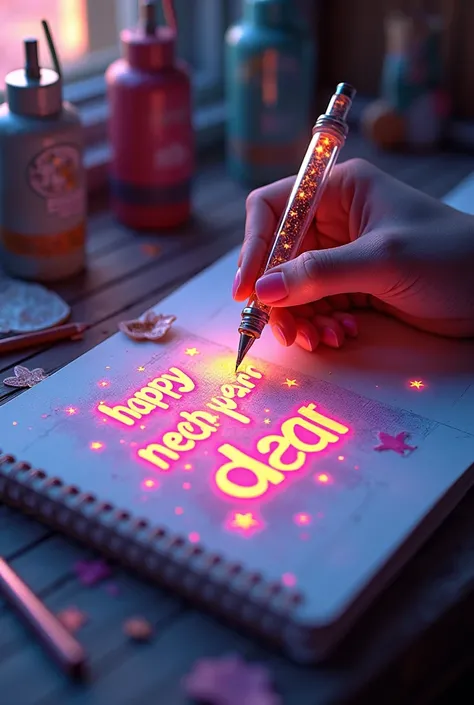 A mesmerizing, hyper-realistic 16K 3D illustration captures a magical moment of pure creativity. A talented artist is masterfully sketching a heartfelt message, " happy new year dear 2025 " -- Jin -- Rm --Suga -- Jhope -- Jimin -- V -- Jungkook. ", in a no...