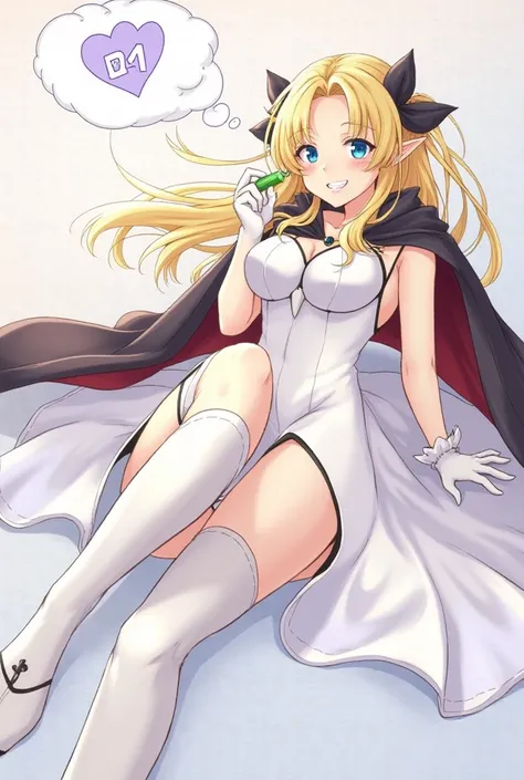 saren_(princess_connect!),bangs, black_bow, blonde_hair, blue_eyes, blush, bow, breasts, cape, cloak, dress, elf, gloves, hair_bow, hair_ornament,long_hair,pointy_ears, smile, thighhighs,white skirt,,nipple slip, nipple exposed, nipple visible, nipple out,...