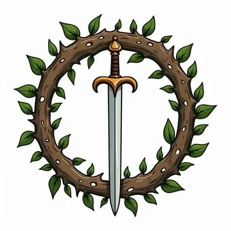  Create a Cartoon-style illustration of a coat of arms with a circle of intertwined green and brown roots, with white thorns . Within that circle ,  there is a sword-shaped thorn . Use vibrant colors that connect the coat of arms to Nature .  white backgro...