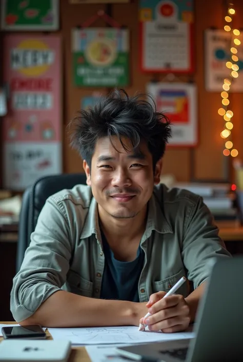 An office scene during the New Year holiday, featuring a slightly overweight Thai man with dark eye circles from overwork. He is a graphic designer, sitting at a cluttered desk with a messy hairstyle, holding a cigarette in his mouth while smiling tiredly....