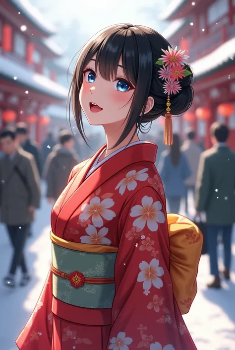 Depicts a beautiful Japanese woman wearing a kimono, shiny skin, big breasts:0.5, looking up, looking at the view, beautiful hair, beautiful face, beautiful detailed eyes, (middle hair:1.5, Japanese hair:1.5), black hair, blue eyes, (((red floral kimono), ...