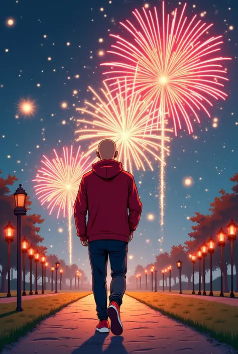 Happy New Year image.  with a bald man in sportswear walking through a park in the middle of a New Years celebration with fireworks. And a happy year 2025 sign .  anime-like drawing in the style of One Punch Man 