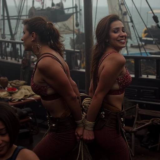 masterpiece, absurdres, 8k, professional photo, cinematic shot, duo, multiple girls, 2girls, getting tied, girl tying girl, pirate outfit, medium breasts, pirate ship deck, outdoors, rope, arms behind back, bound wrists, from side, grin