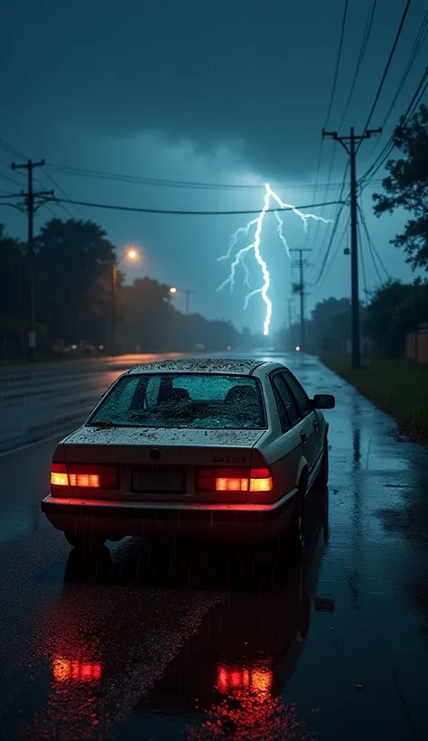 At night, under a torrential storm, the deserted street is lit only by the sporadic flashes of lightning that cut through the dark sky. A car, visibly damaged, is partially off the track. The vehicle is immersed in water, with the front dented and the righ...