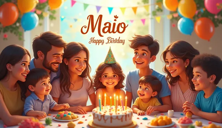 Picture with the word  "May" translated into Portuguese, With Mothers Day ,  an adolescents birthday and a babys birthday, all with a lot of celebration 