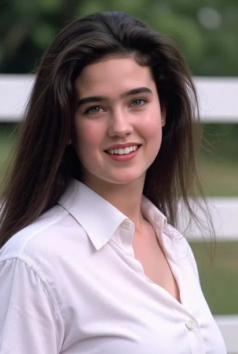 (masterpiece, best quality:1.3), 1girl, Alone, cowboy shot, 
she wear in white shirt, natural cleavage, 
young Jennifer Connelly at age 15, 
with cute face yet with precocious female body,
no make up, flawless pale skin, 
healthy youthful fresh succulent s...