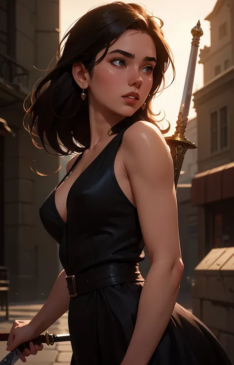 a close up of a woman in a black dress with a sword, cutesexyrobutts,  extremely detailed Artgerm ,  stunning character art , artgerm style, Raymond Swanland style, por Oliver Sin, wojtek fus,  cushart krenz female key art , by Yang J,  style Ivan Talavera...