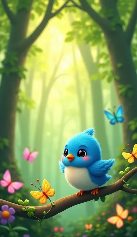 A Very Clear Ultra HD dynamic image off "A lush green forest with tall trees and sunlight streaming through the leaves. A small, adorable bird named Chiki with bright blue feathers, a tiny orange beak, and sparkling black eyes is sitting on a branch, looki...