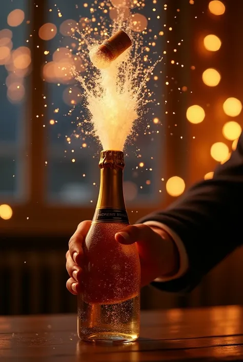 OPEN CHAMPAGNE BOTTLE WITH FOAM AND NEW YEAR LIGHTS 