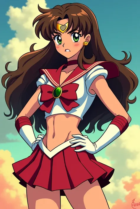 Sailor jupiter in low cut crop top and skirt, 90s anime style, hands on hips, bandaid on nose