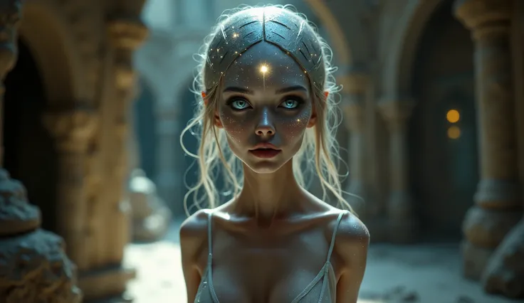 a beautiful alien with a human appearance, Eyes shine like stars ,  full body photo , beautiful calves,  slender legs ,   wearing a transparent peignoir, 8k, detailed,  Photorealistic , очень detailed,  complex details , elegant, mesmerizing,  cinematic li...