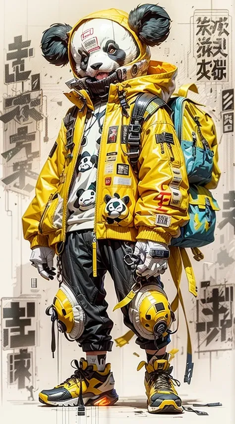 a drawing of a panda bear wearing a yellow jacket and black pants, cyberpunk streetwear, style of cyberpunk, wearing cyberpunk streetwear, yellow mech, akira style illustration, yellow space suit, digital cyberpunk - anime art, interesting character design...