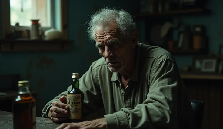 lonely old man,  known for his addiction to alcohol , pale, slaughtered,  with a reclusive and resentful personality . drinking,  with a bottle of drink within reach