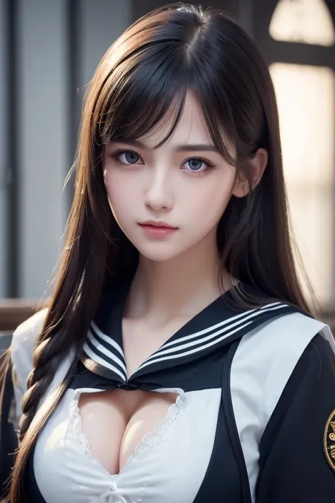 1 girl, (highest quality:1.4), (super detailed), (Highly detailed beautiful face), wonderful face and eyes, black eye, black hair, (sailor suit),  (cleavage), Smooth, Highly detailed CG integrated 8k wallpaper, High resolution raw color photos, professiona...