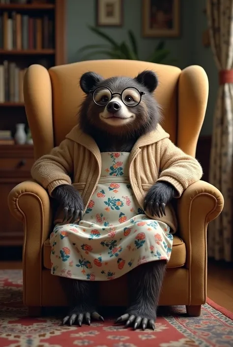 Ai images of a sloth bear dressed like granny and sitting on a chair