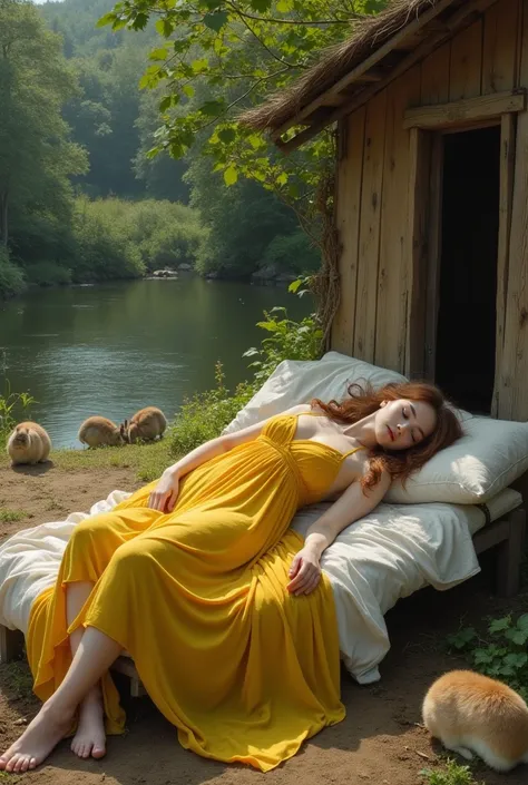 A white girl is sleeping on a cot outside the hut, there is a river, some vegetables are lying, rabbits are roaming around, the girls beautiful breasts and buttocks are clearly visible.whering yellow transperant dress.