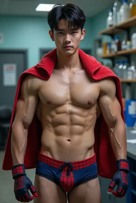 Handsome and sexy Korean Teenageer, teen, young, boy, shirtless, Spiderman Towel around the neck, Spidermam underwear open on one side and showing his sixpack abs, muscular, sixpack, young, front view, Korean idol, biceps and triceps, Spiderman gloves, pho...