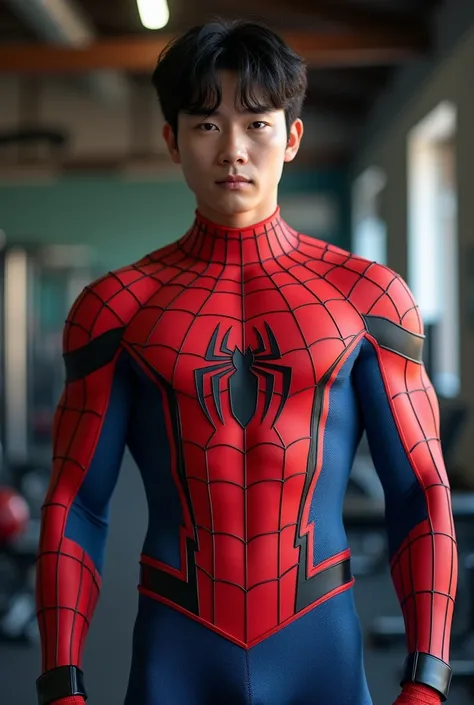 Handsome and sexy Korean teenager, teenager, young, male, wearing Spiderman costume while showing his sixpack abs, muscular, sixpack, young, front view, Korean idol, hot, very muscle, very horny biceps and triceps, photo realistic, realistic, 8k, UHD, sexy...