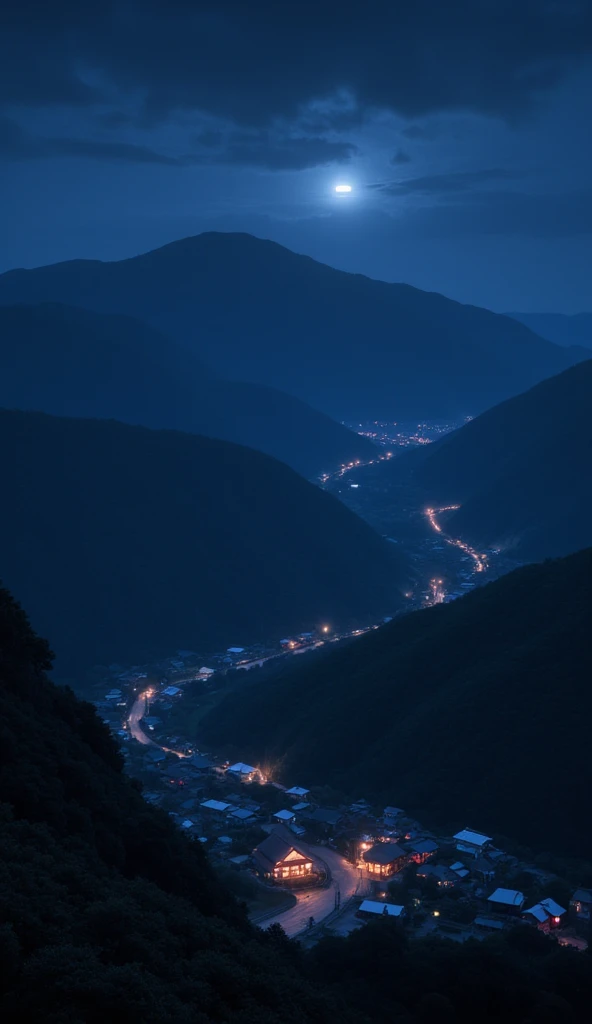 Japanese mountainous landscape at night, traditional buildings, red light source inside houses, blue