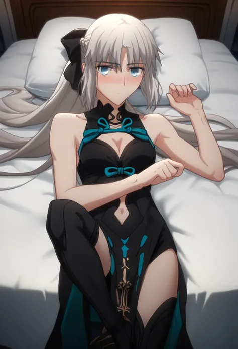 solo, one girl ,Fate/Grand Order,Morgan（Fate）, long hair, gray hair, blue eyes,とても long hair, ponytail, black ribbon, hair bow, French braid, Short Dress ,Sleeveless, cleavage in years, garment cutout,Collarless, pelvic curtain  , black boots , thigh high ...