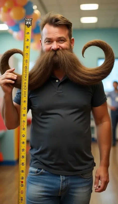 "A person with a gigantic mustache, measuring 4.29 meters long, exaggerated and impressive, extending out like a rope. The mustache is thick, curly, and styled with precision. The individual appears proud and slightly humorous, standing in a playful pose. ...