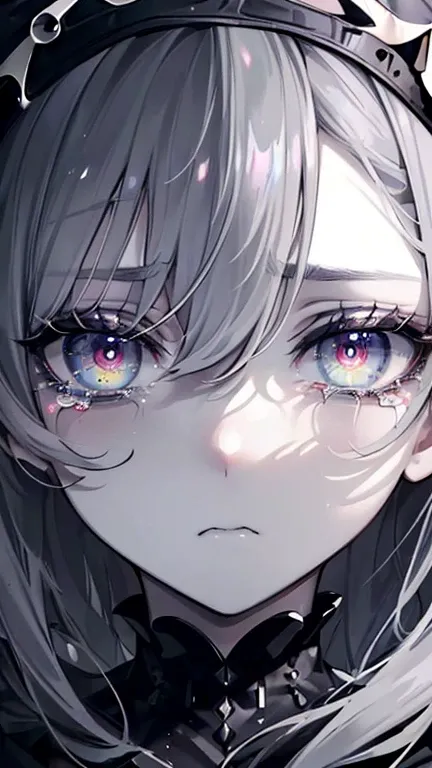 (masterpiece,  Top Quality  ,  super detailed ), Full body image of 1 girl ,  beautifully detailed face  ,    detailed eyes, Watch viewers , Multicolored eyes,((  Grey Theme),((depression,   sadness, melancholy)),Grey Skin,  tired expression  ,  sad,Swolle...