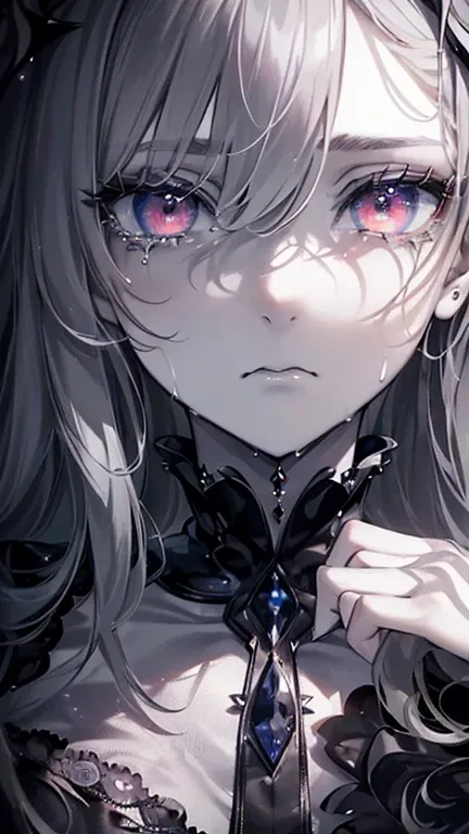 (masterpiece,  Top Quality  ,  super detailed ), Full body image of 1 girl ,  beautifully detailed face  ,    detailed eyes, Watch viewers , Multicolored eyes,((  Grey Theme),((depression,   sadness, melancholy)),Grey Skin,  tired expression  ,  sad,Swolle...