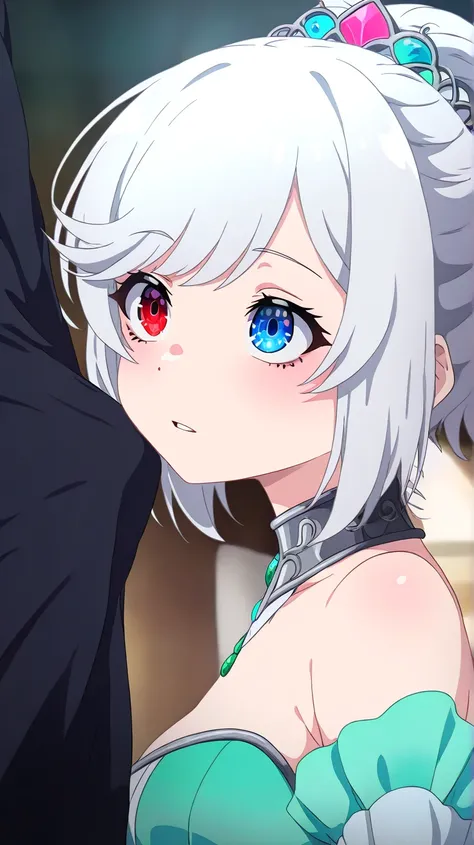 , lolish, 1girl,solo focus, creepy kawaii, anime vibes, dreamy psychedelic anime, profile picture 1024px, Short hair, silver-white hair with a slightly messy style and side-swept bangs.Heterochromia iridis),(left eye,Red eyes),(right eye,blue eyes),