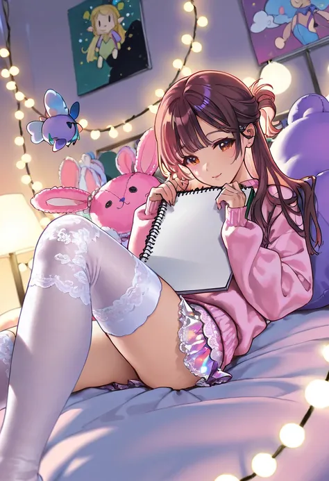 ((Girl, Whimsical beauty,)), ((wearing: Pastel Pink Sweater, Lace Knee-High Socks, Tulle Mini Skirt, Half-Up Half-Down Hairstyle), (Bedroom, whimsical clouds outside, sketchbook, fairy lights, plush bunny,)