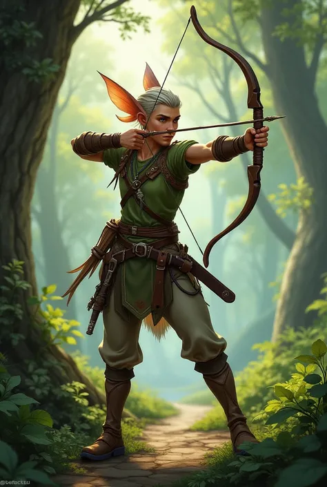 Male Fairy, pointy ears, ranger archer with longbow and Travelers Clothes. D&D 5e