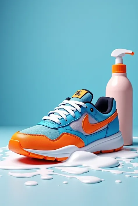  Blue and orange sports shoe with white trims, with cleaning foam on top of the shoe and a bottle applying the product.  The image should not have a background 