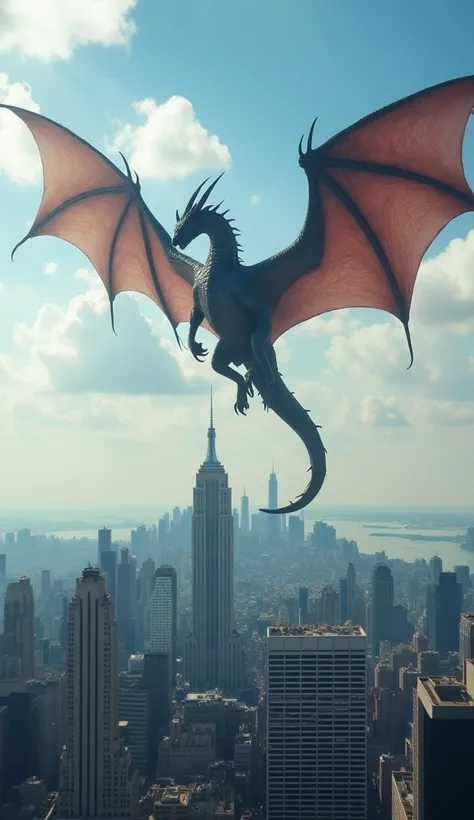 It generates an ultra-realistic image with professional lighting of a huge dragon flying over New York City on a sunny day of white clouds and blue skies. The dragon must be extremely monstrous, gigantic, terrifying and terrifying and must be a medieval dr...