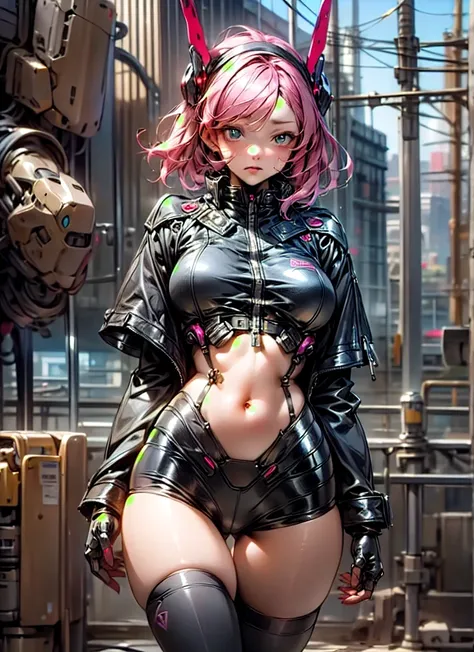 (Outstanding,  professional ,  surreal),  skyscrapers rise above the ground 、 forms a spectacular landscape of a futuristic city . In the center of the painting,  and the delicate texture and intricate lines of the robot mech .  The pink metal shell sparkl...