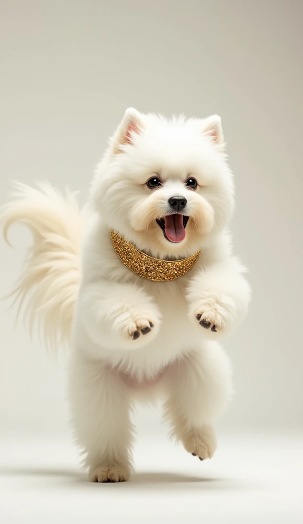 White dog dancing wearing gold necklace. Real photo